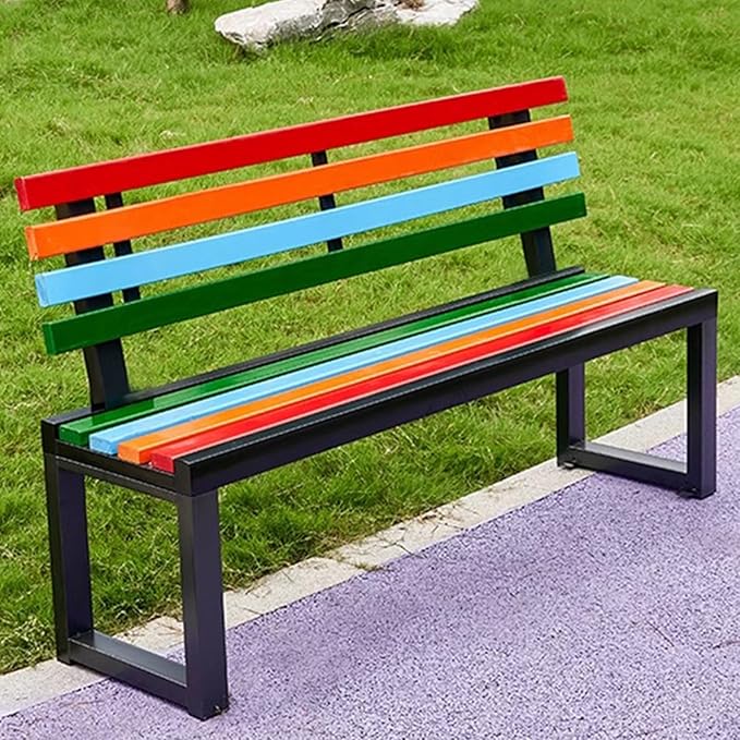 Outdoor Garden Bench, Metal Bench with Backrest, Park Patio Bench, Wooden Stool Surface, for Porch, Yard, Park, Lawn(Black,100cm/39.3in)