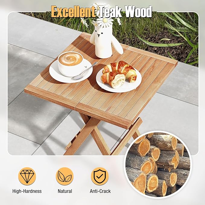 Tangkula Patio Side Table Folding, Teak Wood Square Coffee Table w/X-Shaped Legs & Slatted Tabletop, Portable & Compact Outdoor End Table for Backyard, Deck, Lawn
