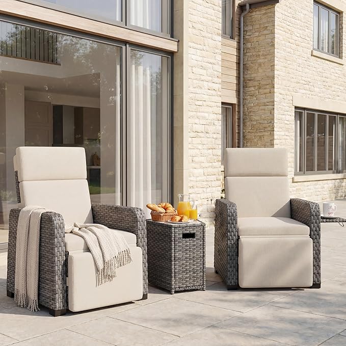 Restland Outdoor Recliner with Independent Adjustable Back & Footrest Wicker Patio Reclining Chair with Flip Table - Photo 1