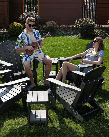 Folding Adirondack Chair, Patio Chair Wood Texture, Outdoor Chair Weather Resistant, Fire Pit Chair with Cup Holder, Composite Adirondack Chair Set of 2 (Black)