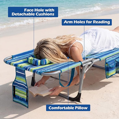 GYMAX Tanning Chair with Face Hole, Sun Bathing Lounge Chairs for Outside with Side Pocket, Folding Portable Face Down Layout Tanning Chair Beach, Backyard, Poolside, Lawn (Blue Stripe,1)