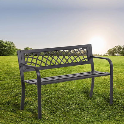 PayLessHere Garden Bench Outdoor Metal Park Benches Cast-Iron Patio Bench with Mesh Pattern Plastic Backrest Armrests for Patio Park Lawn Yard,Black