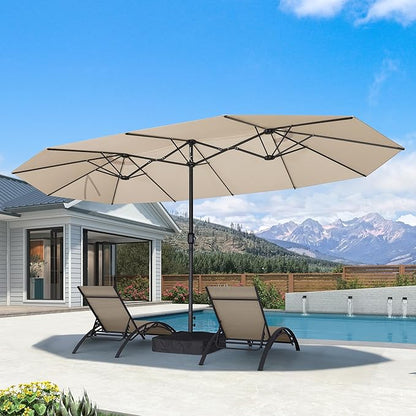 PURPLE LEAF Patio Oversized Chaise Lounge with 15FT Umbrella Outdoor Lounge Chair Beach Pool Sunbathing Lawn Lounger, Base and Side Table Included, Beige