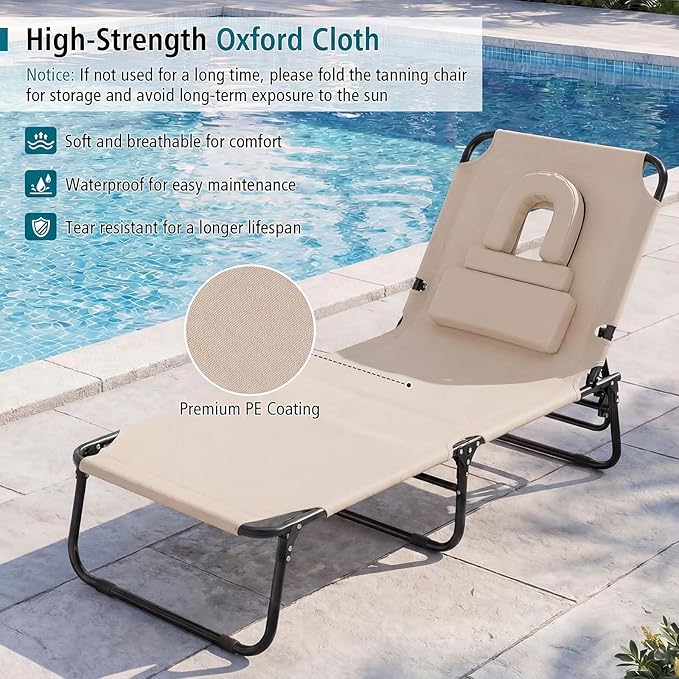GYMAX Tanning Chair, Folding Lounge Chairs with Face Hole & Cover, Removable Pillow Carry Handle - Photo 3