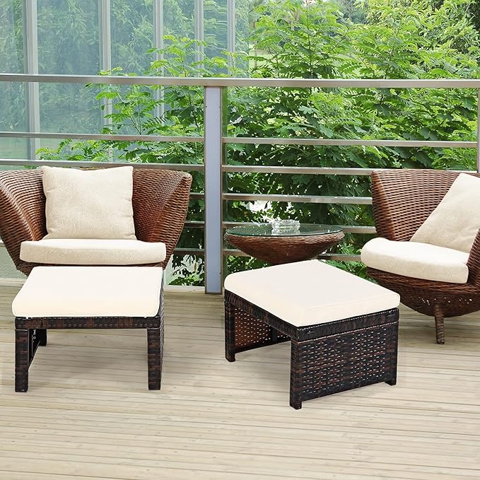 Tangkula 2 Pieces Patio Rattan Ottomans, All Weather Outdoor Footstool Footrest Seat with Soft Cushion, Hidden Zipper - Photo 4