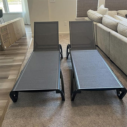 Domi Pool Lounge Chairs, Aluminum Patio Chaise Lounge Set of 2, 5 Position Adjustable Backrest and Wheels, All Weather Outdoor Lounge Chairs for Beach, Yard, Balcony, Poolside, Gray