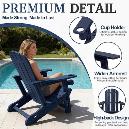 Vongrasig Adirondack Chairs Set of 2 with Removable Tabletop, All-Weather HDPE Outdoor Chair Set with Wooden Textured, Cup Holder for Patio, Poolside, Deck, Garden, Dark Blue