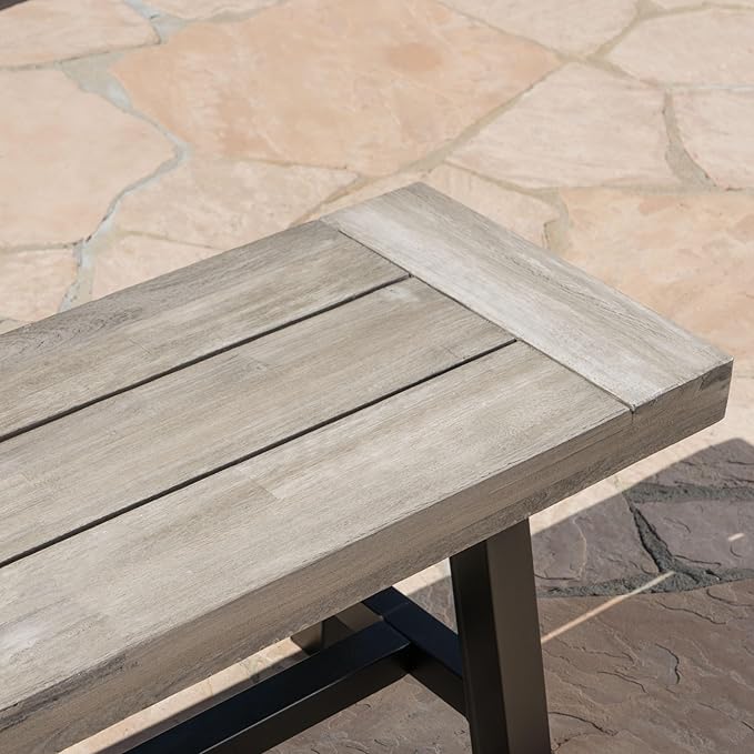 roomfitters Outdoor Dining Bench, Acacia Wood with Black Rustic Metal Finish Frame, Durable Bench for Garden, Porch, and Backyard, Light Grey