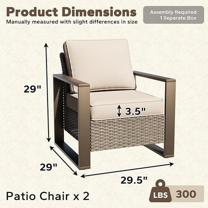 Patio Metal Wicker Chairs Set of 2, All Weather Outdoor Rattan Dining Chairs with Rectangular Framed Wood-Looking Metal Armrest & Fade-Resistant Cushions for Deck Balcony Backyard, Beige