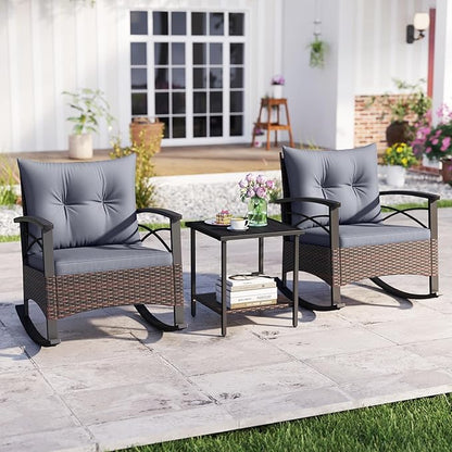 Tangkula 3 Pieces Outdoor Rocking Chairs Set, Rattan Heavy Duty Cushioned Rocker Chairs with 2-Tier Tempered Glass Coffee Table, for Garden, Balcony, Backyard (Gray)