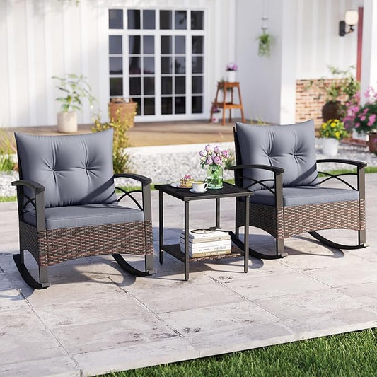 Tangkula 3 Pieces Outdoor Rocking Chairs Set, Rattan Heavy Duty Cushioned Rocker Chairs with 2-Tier Tempered Glass Coffee Table, for Garden, Balcony, Backyard (Gray)