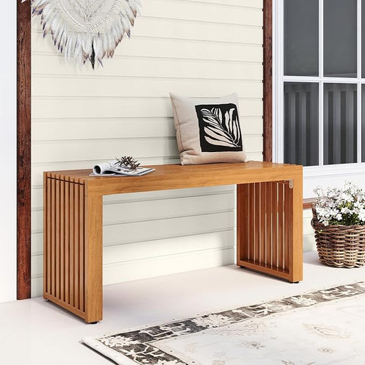 RELAX4LIFE 2-Person Wooden Outdoor Bench - 36’’ Acacia Wood Backless Patio Garden Bench w/Slatted Seat, Indoor Outside Dining Loveseat Furniture for Entryway Park Porch, 800LBS Weight Capacity (1)