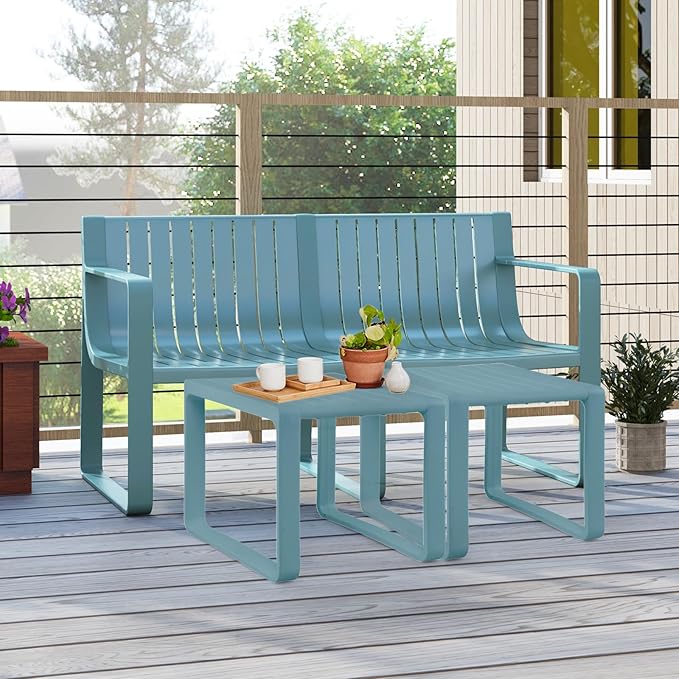 Tangkula Patio Loveseat, Weather-Resistant Plastic 2-Person Bench with Curved Backrest, Outdoor Conversation Furniture with Slatted Design for Patio, Poolside, Backyard, Garden, Deck, Lawn (Blue)