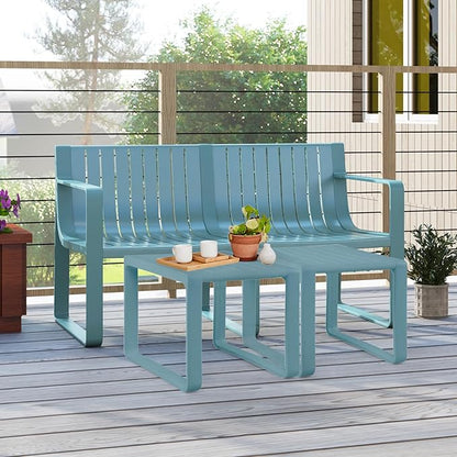 Tangkula Patio Loveseat, Weather-Resistant Plastic 2-Person Bench with Curved Backrest, Outdoor Conversation Furniture with Slatted Design for Patio, Poolside, Backyard, Garden, Deck, Lawn (Blue)