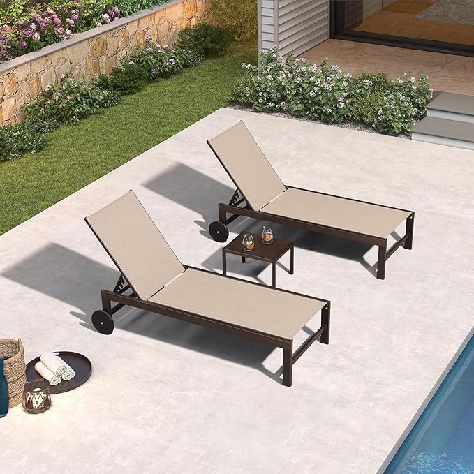 PURPLE LEAF Outdoor Chaise Lounge Chair Set of 2, Pool Lounge Chairs for Outside, Aluminum Patio Chaise Loungers with Adjustable Backrest and Wheels for Deck, Lawn, Garden, Cream