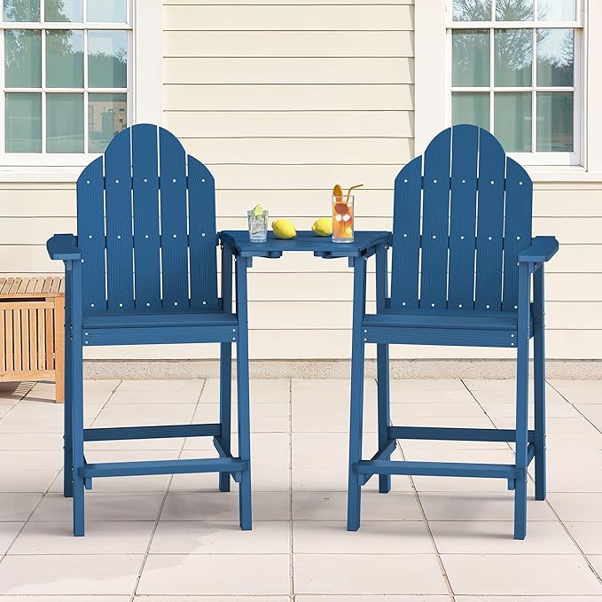 LUE BONA Tall Adirondack Chair Set of 2, All Weather HDPS Bar Height Adirondack Chair with Detachable Table & Umbrella Hole, Adirondack Barstools for Patio, Deck, Backyard & Commercial Use Navy Blue