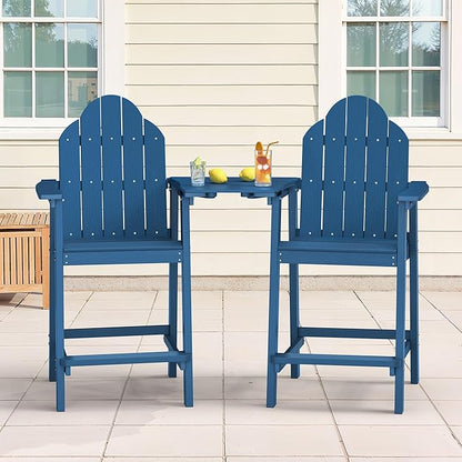 LUE BONA Tall Adirondack Chair Set of 2, All Weather HDPS Bar Height Adirondack Chair with Detachable Table & Umbrella Hole, Adirondack Barstools for Patio, Deck, Backyard & Commercial Use Navy Blue