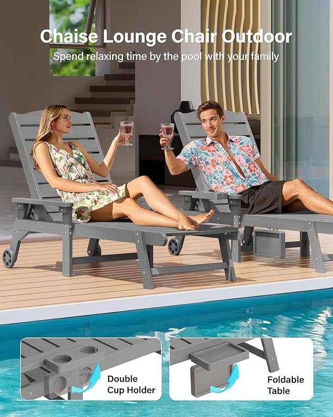 YEFU Chaise Lounge Chair Outdoor,Pool Lounge Chair with Adjustable Backrest,All Weather Resin Patio Lounge Chair with Cup Holder&Armrest,for Outside,Beach,Deck,Heavy Duty,400lbs Capacity(Grey)