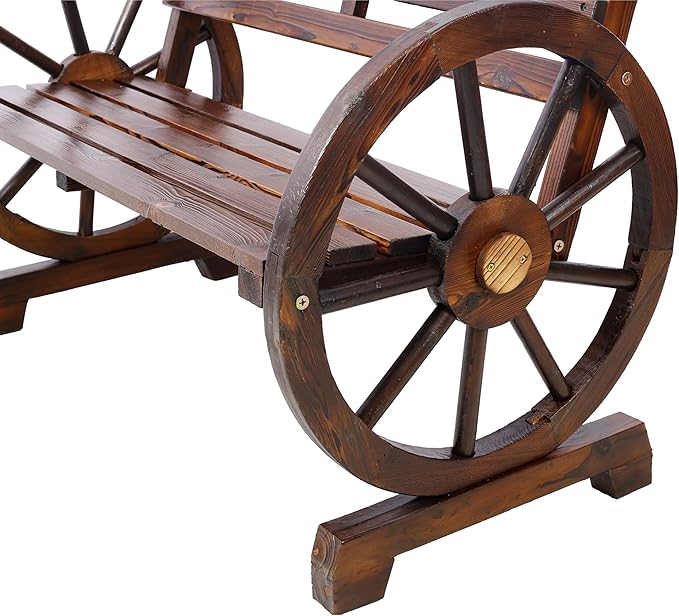Outdoor Wood Bench, 2-Person Wooden Wagon Wheel Bench for Backyard, Patio, Porch, Garden, Outdoor Lounge Furniture with Rustic Country Design, Slatted Seat and Backrest, Brown (Brown)