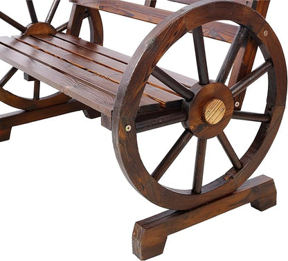 Outdoor Wood Bench, 2-Person Wooden Wagon Wheel Bench for Backyard, Patio, Porch, Garden, Outdoor Lounge Furniture with Rustic Country Design, Slatted Seat and Backrest, Brown (Brown)