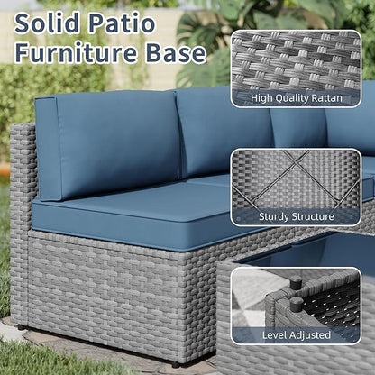 SUNLEI 5 Piece Patio Furniture Sets, Low Back All-Weather Rattan Sectional Sofa with Tea Table&Washable Couch Cushions, Patio Furniture Sets, Silver Rattan