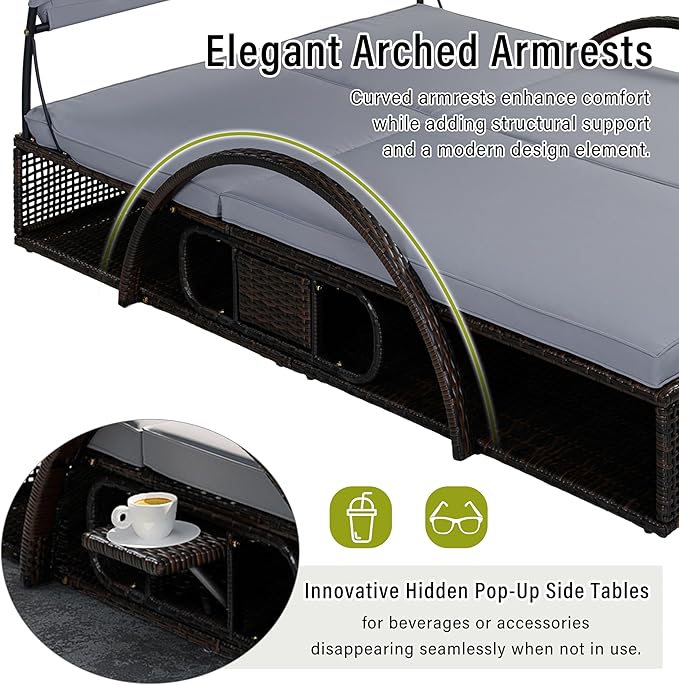 Outdoor Double Chaise Lounge with Adjustable Backrest and Sun Canopy - Photo 7
