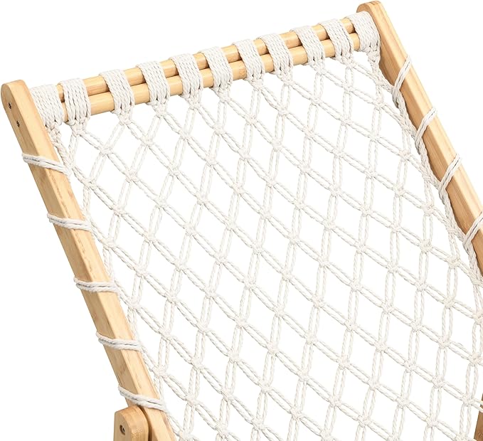 Set of 2 Boho Rope Folding Lounge Chairs – Adjustable Outdoor Macrame Patio Chairs with Bamboo Frame, Portable Deck Chairs for Garden, Porch, Beach, Poolside (Natural)