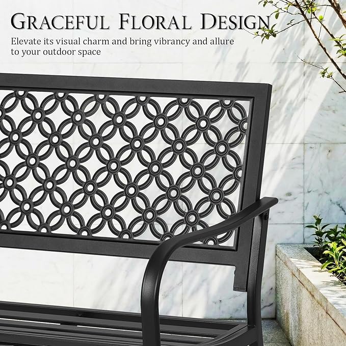 ONBRILL 50" Outdoor Bench, Garden Benches with Galvanized Metal Frame, Front Porch Bench with Floral Backrest, Patio Furniture with Adjustable Feet for Park, Yard, Lawn, Entryway, Black