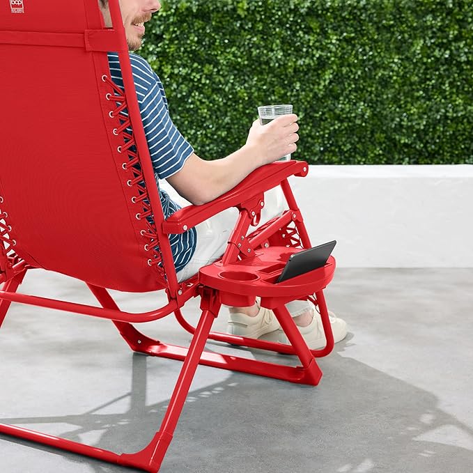 Best Choice Products Adjustable Zero Gravity Chair, Monochromatic Color Folding Patio Recliner w/Side Tray, Headrest - Chili