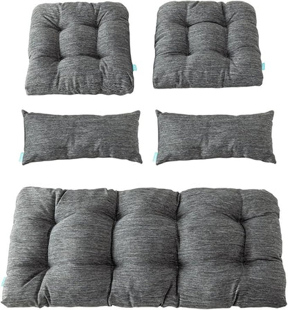 QILLOWAY Outdoor Patio Wicker Seat Cushions Group Loveseat/Two U-Shape/Two Lumbar Pillows for Patio Furniture,Wicker Loveseat,Bench,Porch,Settee of 5 (Charcoal Grey/Black)