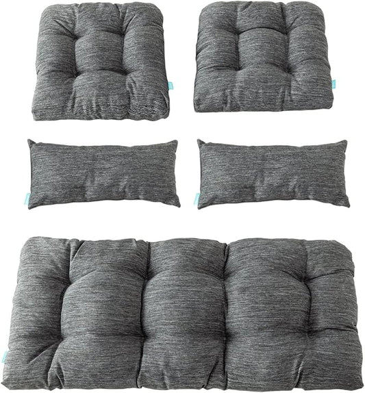QILLOWAY Outdoor Patio Wicker Seat Cushions Group Loveseat/Two U-Shape/Two Lumbar Pillows for Patio Furniture,Wicker Loveseat,Bench,Porch,Settee of 5 (Charcoal Grey/Black)