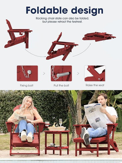 KINGYES Adirondack Rocking Chair Set of 4 with Retractable Ottoman and Cup Holders, HDPE Adirondack Rocker Patio Rocking Chair for Porch, Patio, Balcony, Burgundy Red