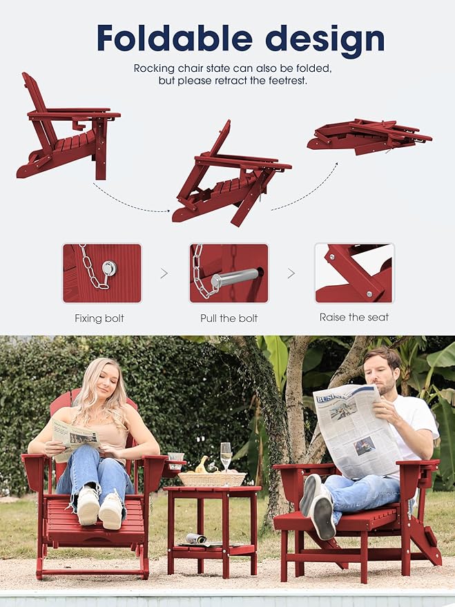 KINGYES Adirondack Rocking Chair with Retractable Ottoman and Cup Holders, HDPE Adirondack Rocker Patio Rocking Chair for Porch, Patio, Balcony, Burgundy Red