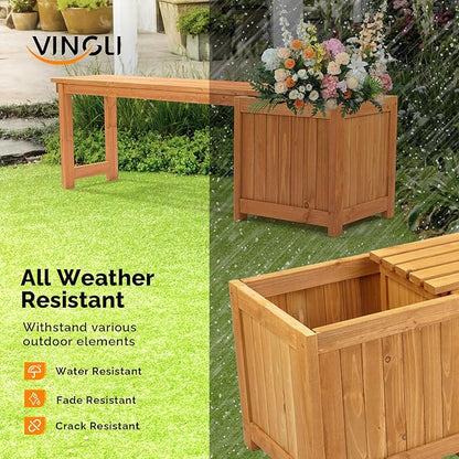 VINGLI Outdoor Wood Bench with Planter Boxes, 2-in-1 All-Weather Porch Bench Seat ＆ Open-Ended Wooden Raised Garden Bed, for Balcony Yard Patio (1 Box + 2 Boxes)