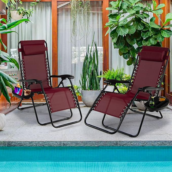 Goplus Zero Gravity Lounge Chairs, 160°Adjustable Folding Recliner w/Pillow and Cup Holder, 350LBS Comfy Outdoor Lounge Chairs for Patio, Lawn, Yard & Camp(Set of 2, Wine)