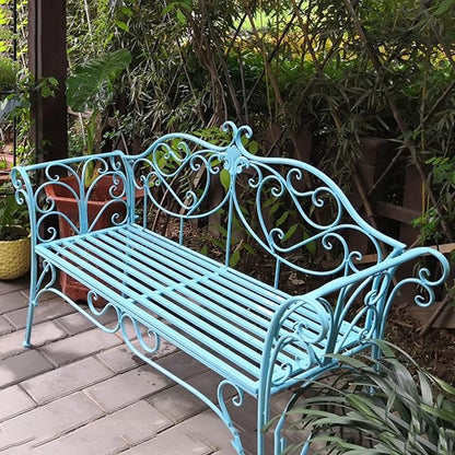 Light Blue Retro Metal Garden Bench, 2-Seater Curved Loveseat with Armrest for Outdoor, Park, Porch, Lawn & Backyard - Max Weight 250kg, Stylish Patio Furniture