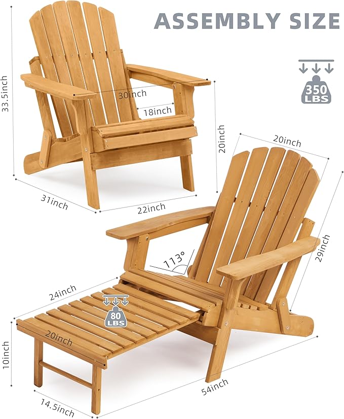 Oversized Wooden Folding Adirondack Chair with Ottoman, Pre-Assembled Backrest and Seat Board, Lounge Chair for Outdoor Patio Garden Lawn Backyard Firepit Deck Pool Beach