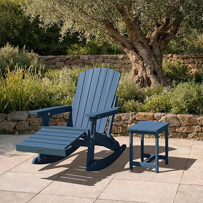 Adirondack Rocking Chair with Retractable Ottoman Set of 2, 4-in-1 Foldable Reclining Patio Chair, HDPE Wood-Look Outdoor Rocker for Porch, Garden & Poolside, Navy Blue