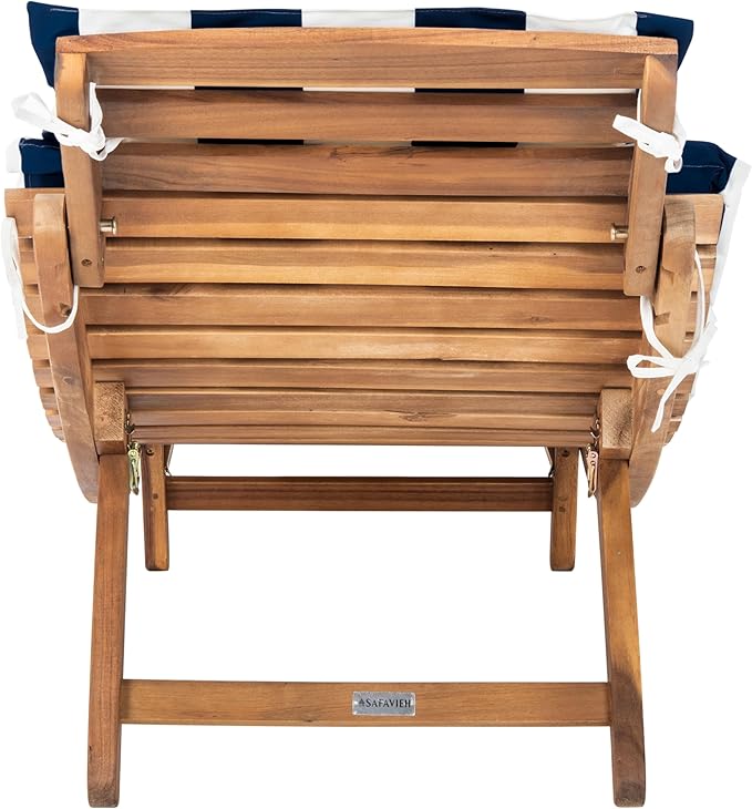 SAFAVIEH Outdoor Collection Pacifica Natural Brown Solid Wood/Navy & White Stripe Cushion 3-Piece Chaise Lounge Set with Table (PAT7020F)