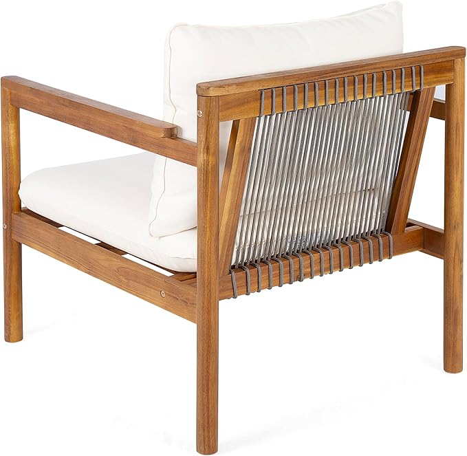 Christopher Knight Home Krixi Acacia Wood Lounge Chair Outdoor with Rope Accent, Accent Chair with Water-Repellent Cushions, Comfy Chairs for Garden/Backyard, Heavy Duty Patio Furniture, Teak + Cream