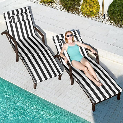 Chaise Lounge Chairs Outdoor Set of 2, Comfy Outside Wicker Patio Pool Lounge Chair w/ 5 Adjustable Back Angle, Cup Holder, Thicken Cushion