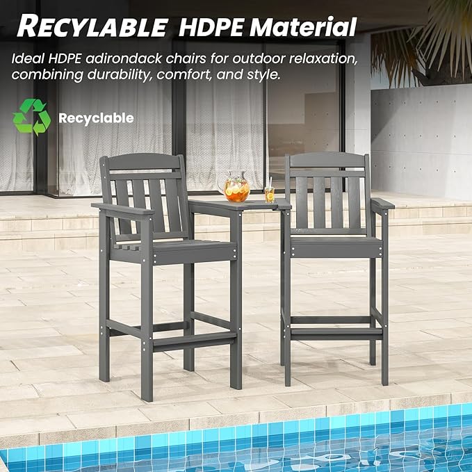 Soohow Tall Adirondack Chairs Set of 2, HDPE Adirondack Bar Stools with Connecting Tray, Bar Height Adirondack Chair Patio Barstool, Ideal All Weather Tall Patio Chair for Balcony, Poolside, Backyard