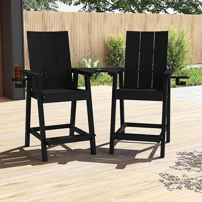 Tall Adirondack Chair Set of 2, HDPE Balcony Chairs with Connecting Tray, Two Cup Holders, All-Weather Adirondack Bar Stools for Patio, Balcony, Backyard, Poolside, Black
