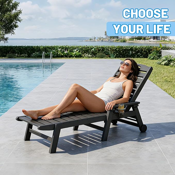 Outdoor Lounge Chairs, 78'' Long Patio Lounge Chair HDPE 5-Position Adjustable with Cup Holder & Rolling Wheels, Pool Lounge Chair for Sunbathing Tanning, Deck, Poolside -Black