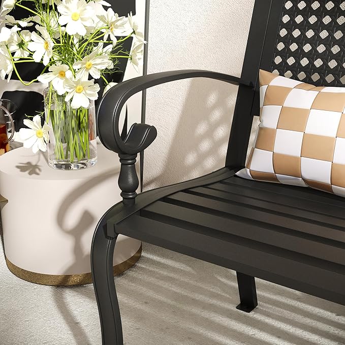 VICLLAX 50” Outdoor Garden Bench with Armrests and Backrest, Waterproof Patio Metal Bench for Park, Porch, Backyard, Square Pattern Back