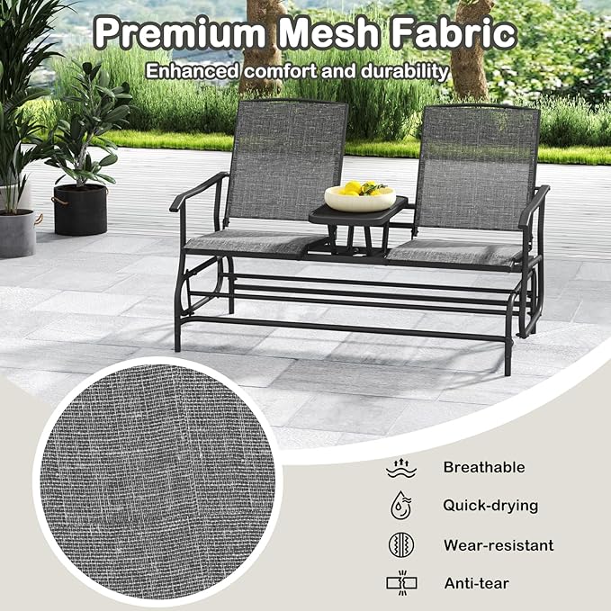 Tangkula 2 Person Swing Glider Chair, Patio Rocking Loveseat w/Center Tempered Glass Table - Photo 8