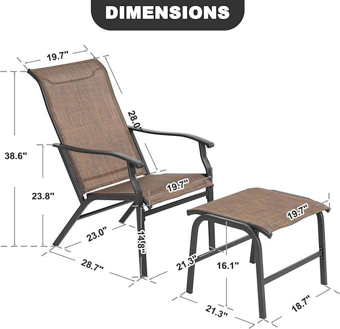 NUU GARDEN Outdoor Patio Chair, Patio Dining Chair with Ottoman, All-Weather Textilene Chair with Metal Frame, Outdoor Portable Chairs for Patio, Backyard, Deck, Brown