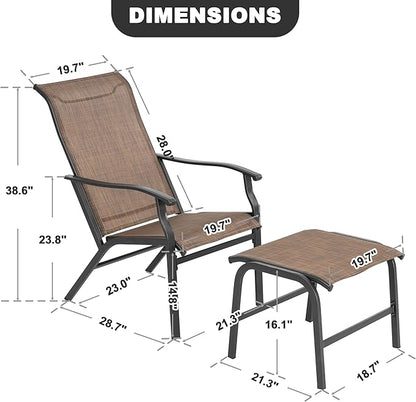 NUU GARDEN Outdoor Patio Chair, Patio Dining Chair with Ottoman, All-Weather Textilene Chair with Metal Frame, Outdoor Portable Chairs for Patio, Backyard, Deck, Brown