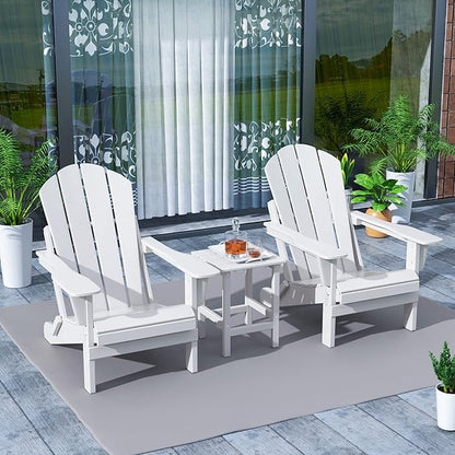 WestinTrends Malibu 3-Pieces Adirondack Chairs Set with Side Table, All Weather Outdoor Seating Plastic Patio Lawn Chair Folding for Outside Porch Deck Backyard, White