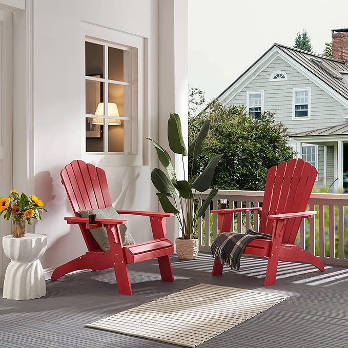 Psilvam Adirondack Chair, Oversized Poly Lumber Fire Pit Chair with Cup Holder, 350Lbs Support Patio Chairs for Garden, Weather Resistant Adirondack Chair Looks Like Real Wood (4, Red)